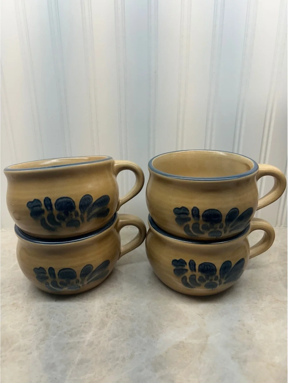 Vintage Pfaltzgraff Folk Art Souper Mugs #280 - Set of 4 (14 oz Stoneware)